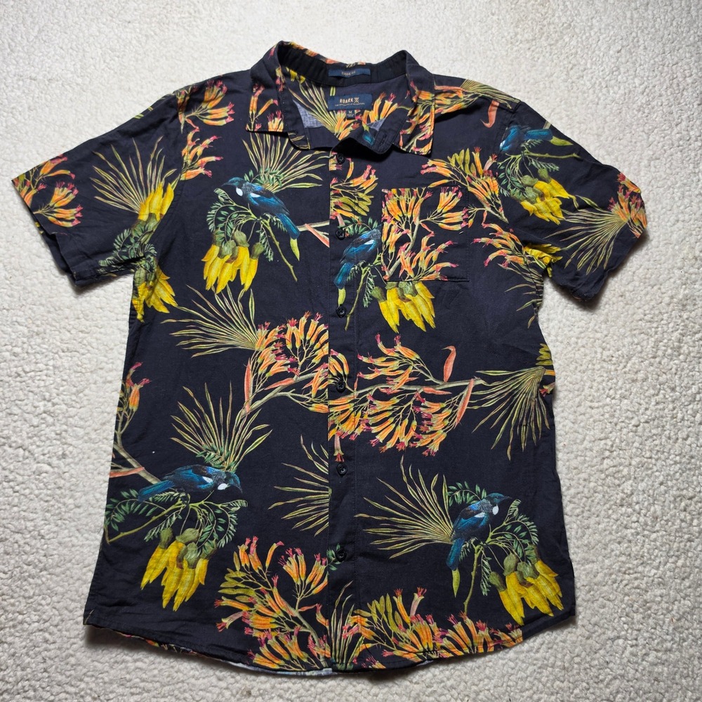 Roark Revival Bless Up Shirt Mens Medium Navy Blue Tropical Bird Floral Print